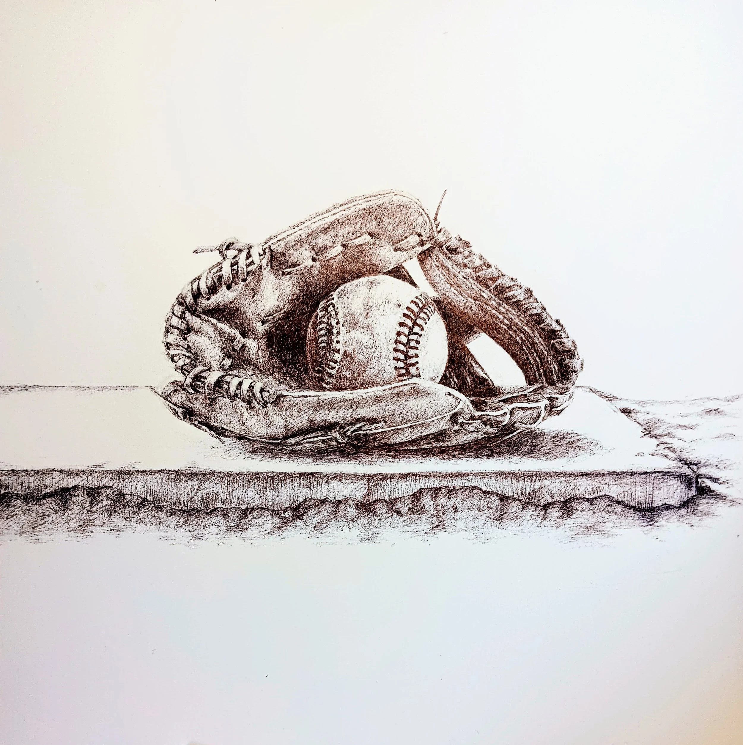 Black and white drawing of a baseball glove with a baseball inside it, positioned on a flat surface.