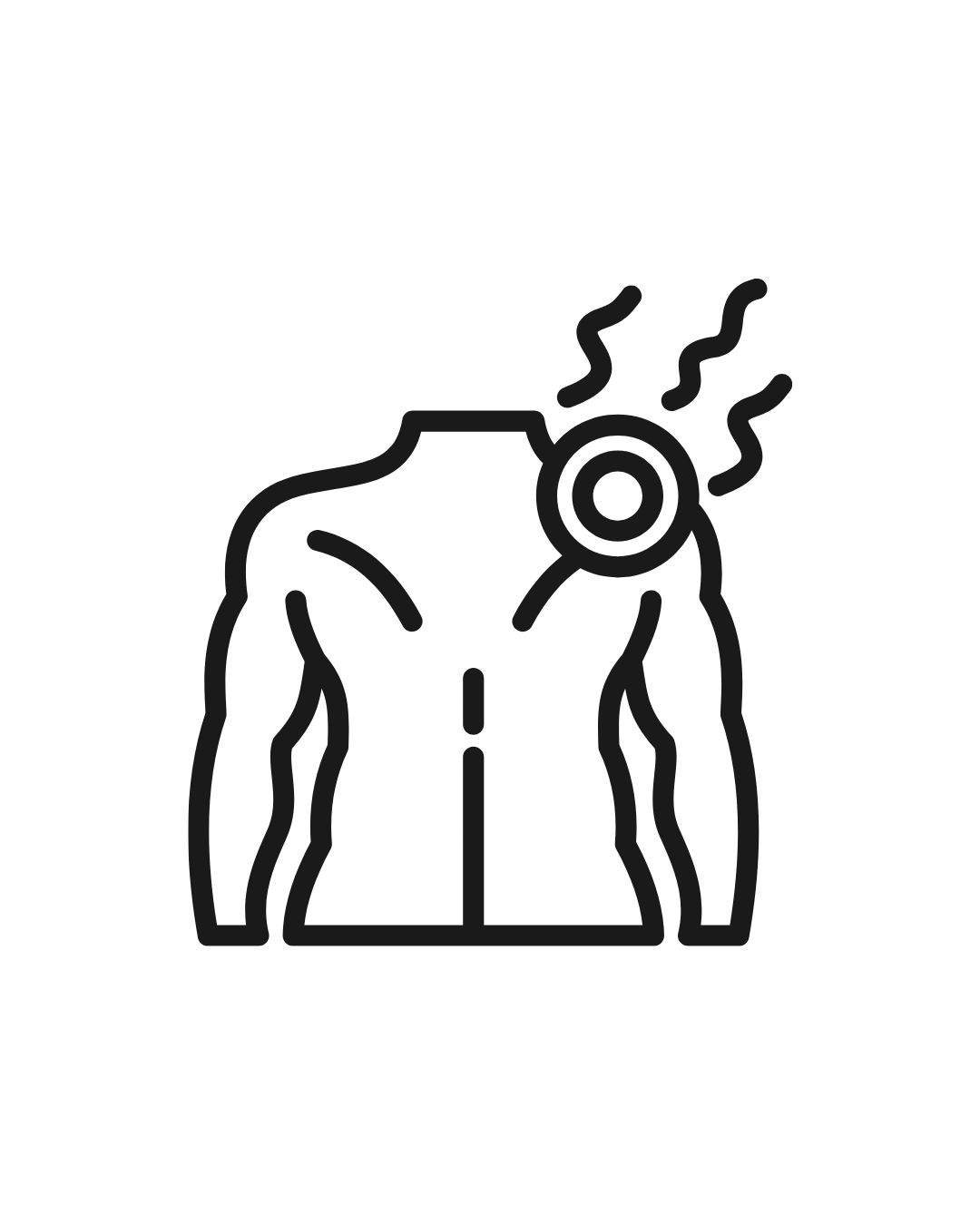 outline of the back of a torse and arms with a pain symbol on the right shoulder