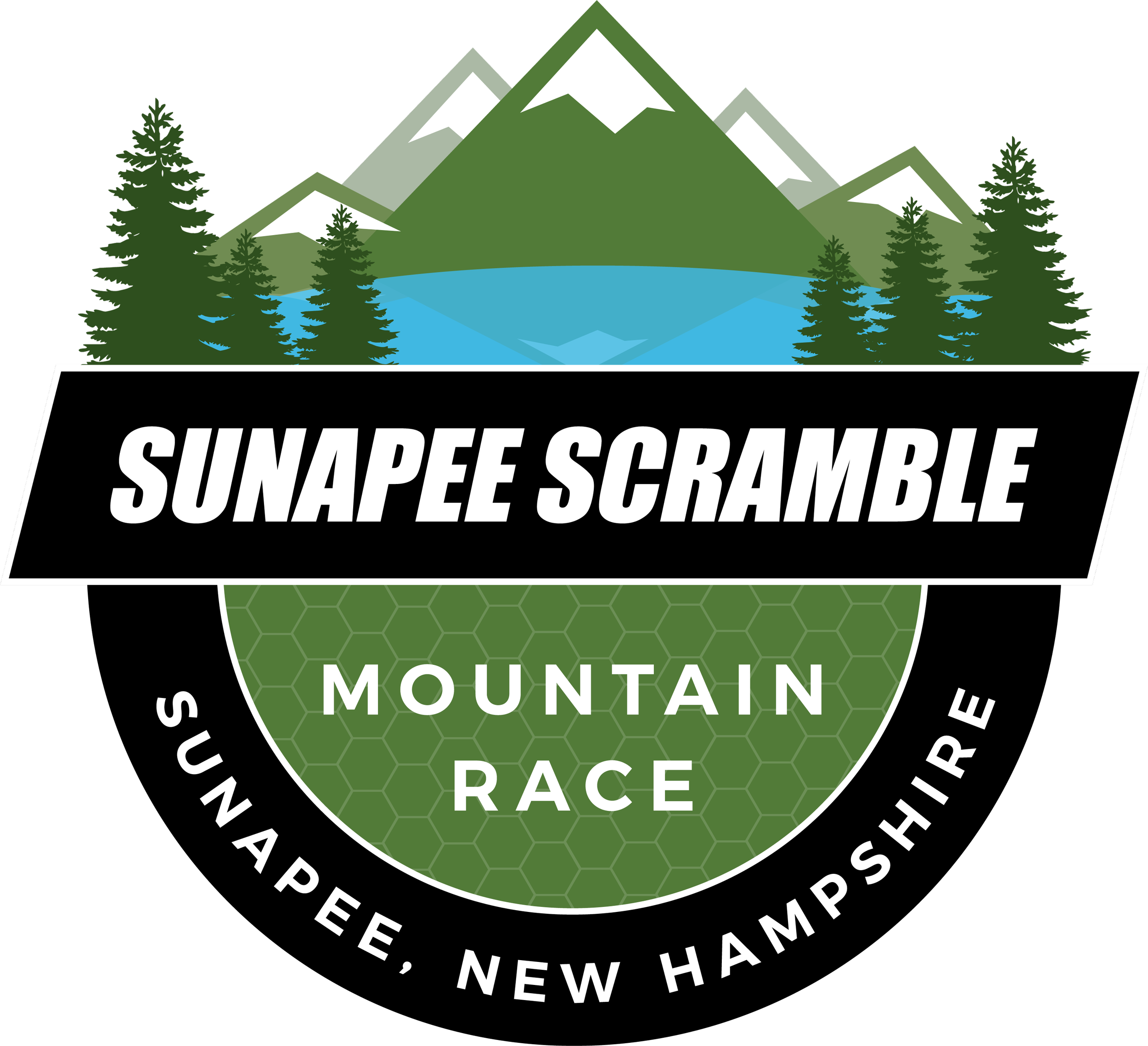 Logo for Sunapee Scramble Mountain Race featuring a mountain with snow-capped peaks, surrounded by pine trees and a lake, with green and black color scheme.