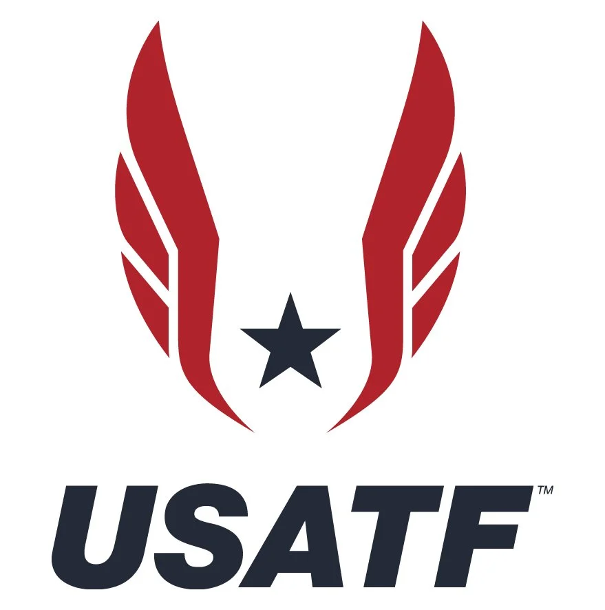 Logo for USA Track and Field (USATF) featuring stylized red wings and a black star with bold black text below.