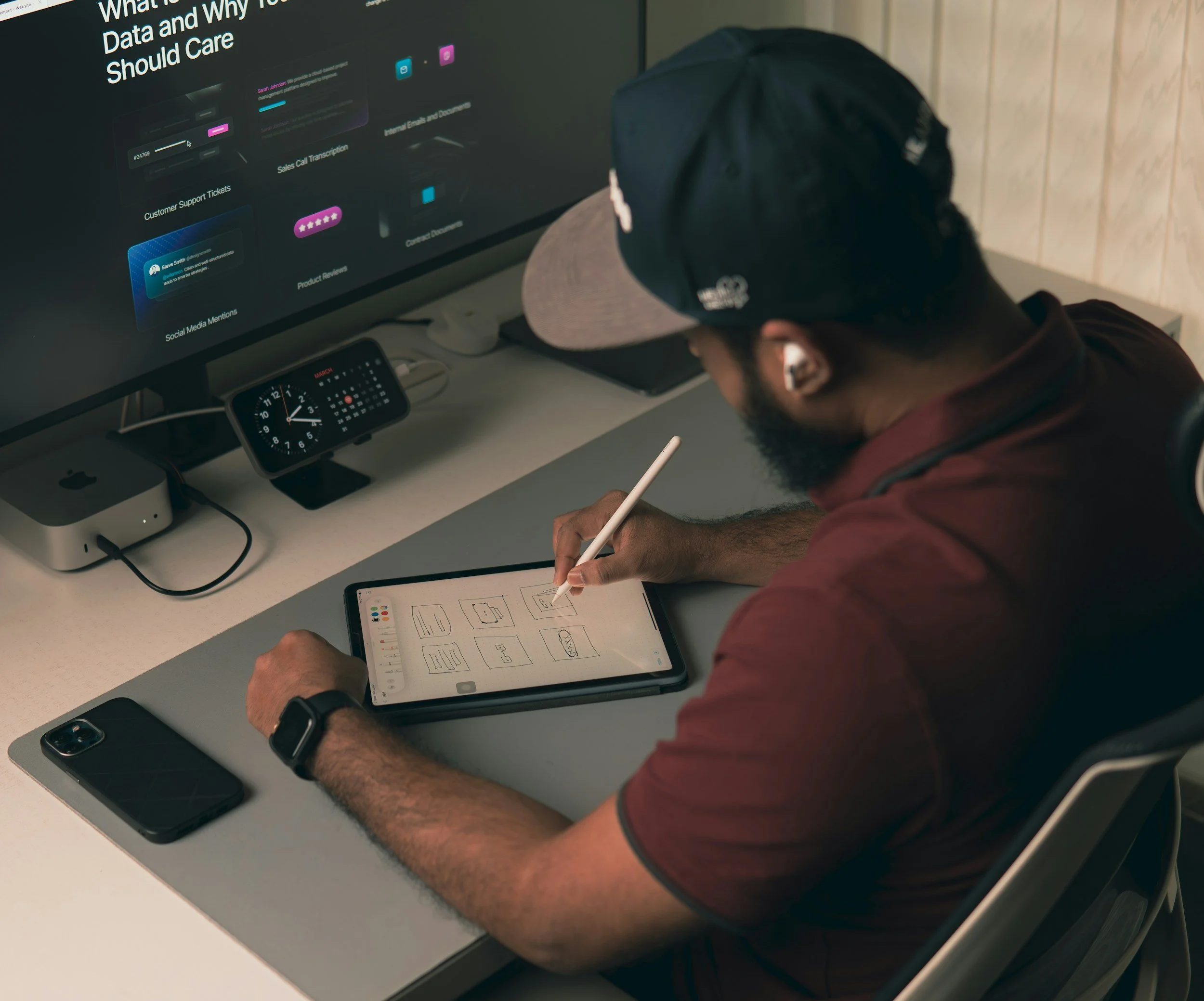 Web designer sketching a website layout on a tablet at a desk