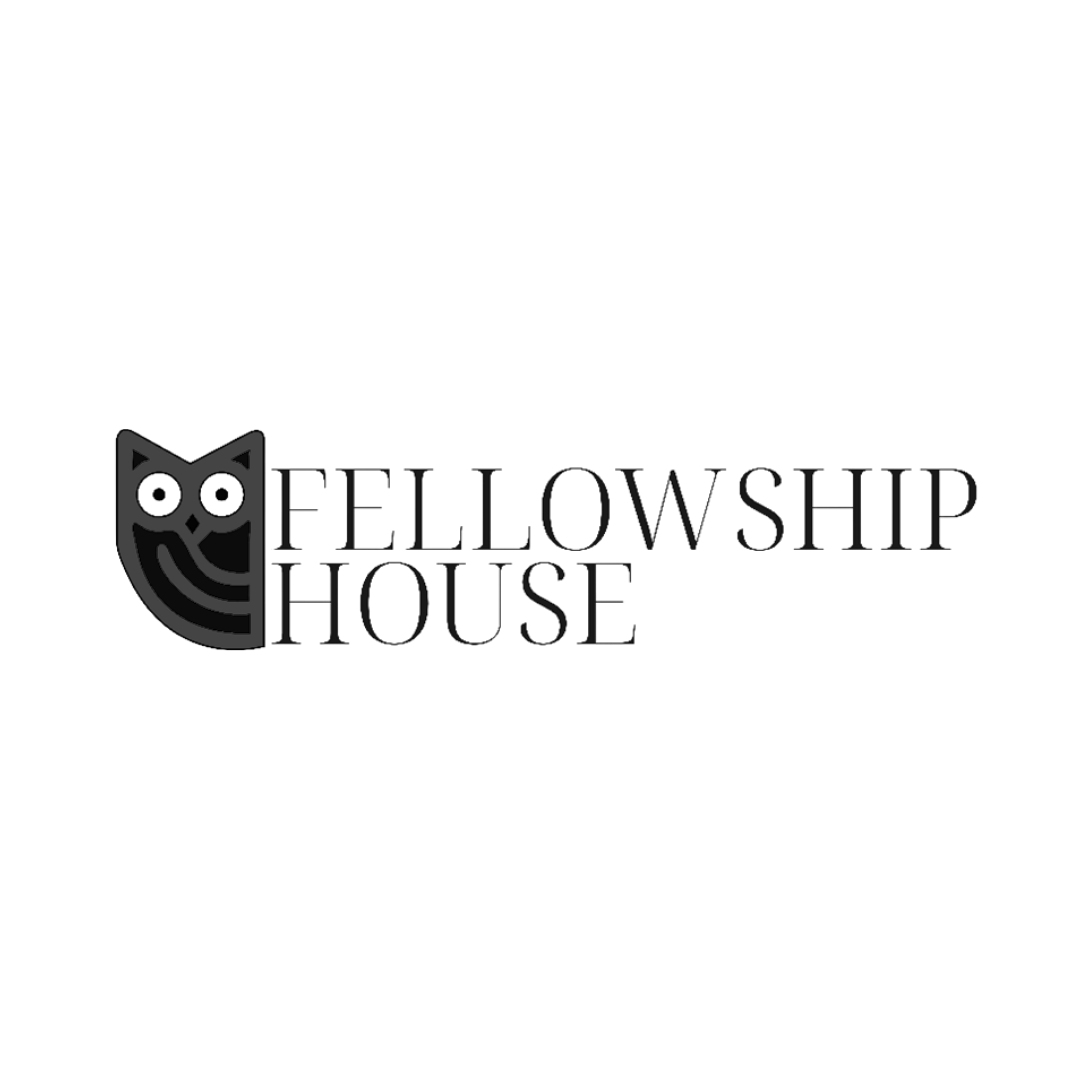 Black background with a logo of an owl and the words 'Fellowship House' in black font.