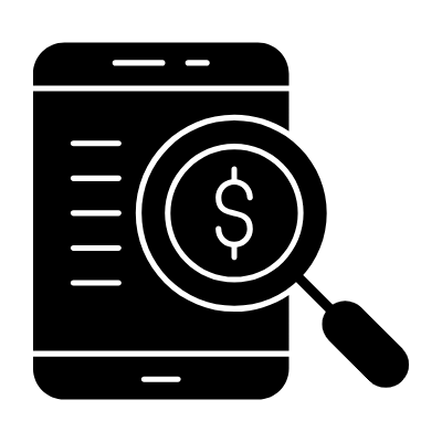 A smartphone with a magnifying glass focusing on a dollar sign, representing financial search or analysis.