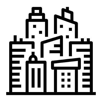 Line drawing of a city skyline with various tall buildings and skyscrapers.
