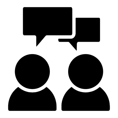 Two silhouetted figures facing each other engaged in conversation with speech bubbles above their heads.