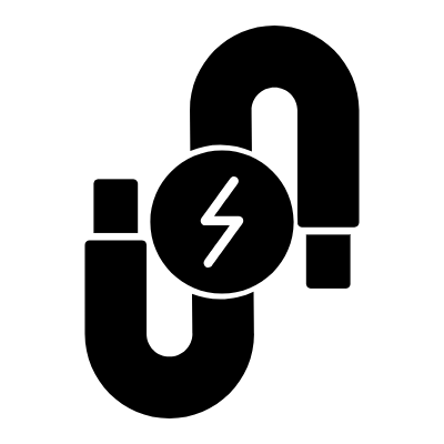 A black and white icon of a magnet with a lightning bolt in the center, symbolizing electromagnetism or magnetic power.