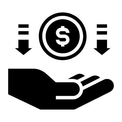 Icon of a hand holding a coin with a dollar sign, with downward arrows indicating money transfer or payment.