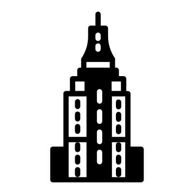 Simple black and white icon of a building resembling a skyscraper with multiple levels and a pointed top.