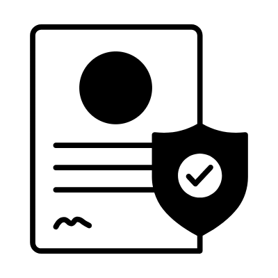 Icon of a document with a shield in front showing a checkmark, representing security or verification.