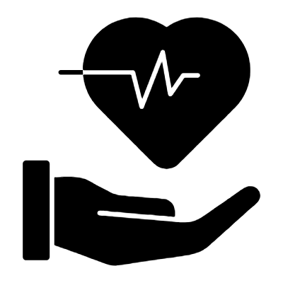 A black heart with a white heartbeat line inside it, above a black hand symbol.