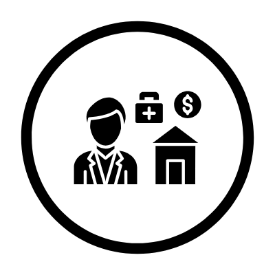 Icon representing healthcare, money, and a hospital building.