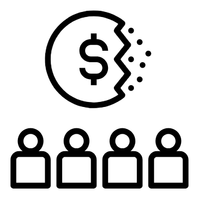Icon of a dollar sign inside a circle with a jagged edge, showing a section breaking off, above four people symbols, representing financial loss or expense in a group setting.