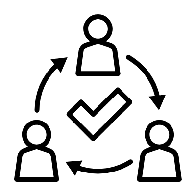 A diagram showing three human figures connected by arrows in a circular flow, with a check mark in the center.