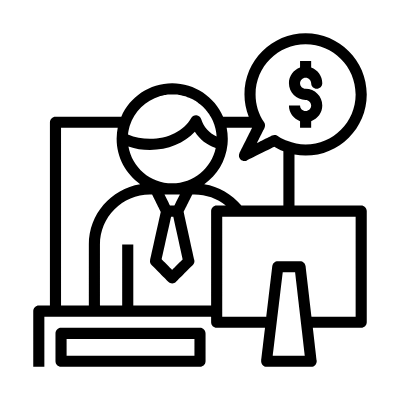 A person sitting at a desk working on a computer with a speech bubble showing a dollar sign.