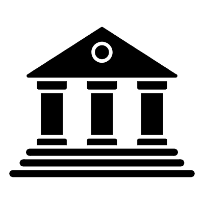 Simplified black and white illustration of a classical building with columns and stairs