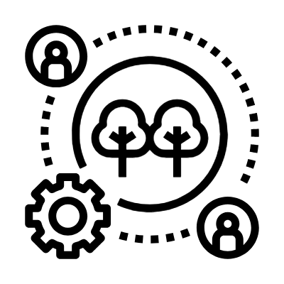Icon with trees inside a circle, surrounded by user and system icons and connecting dashed lines.