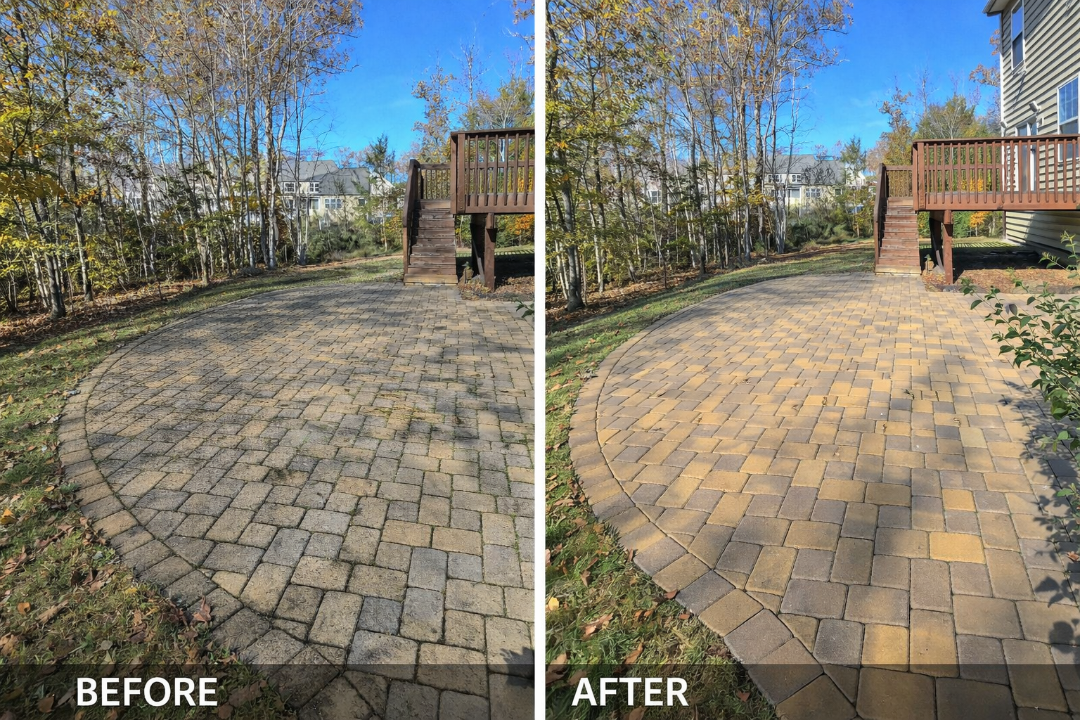 Before and after paver patio cleaning removing algae, dirt, and dark surface staining.