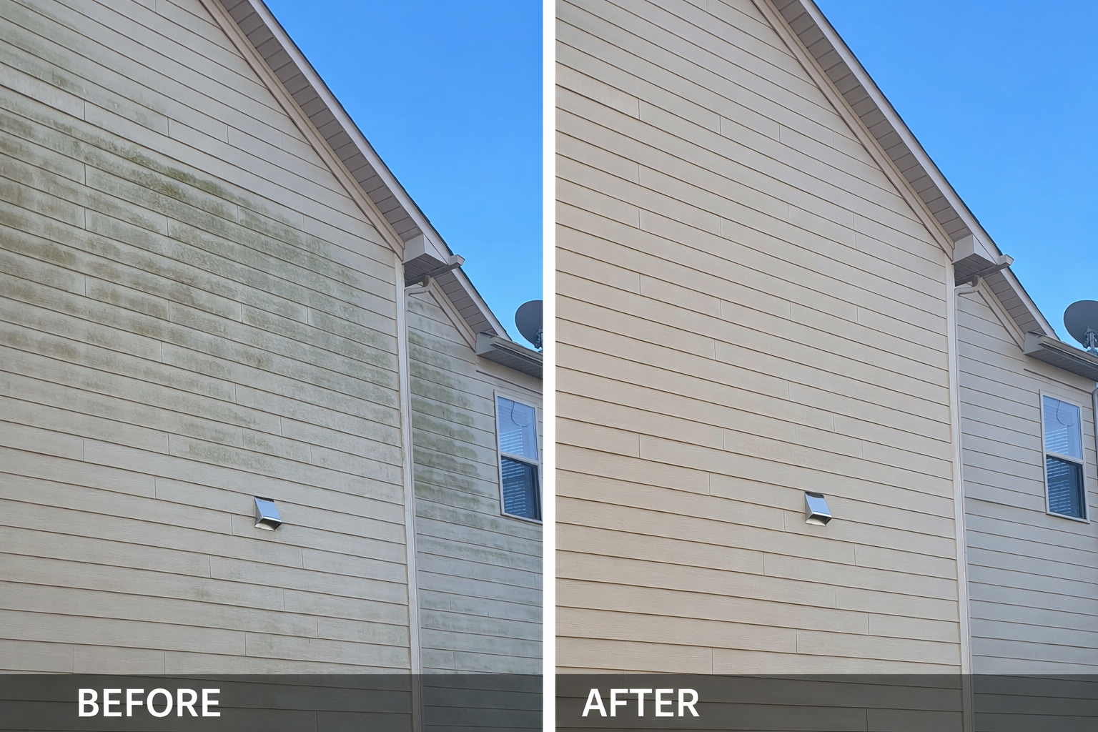 Before and after image of vinyl house siding cleaned with soft washing to remove green algae and dirt buildup.