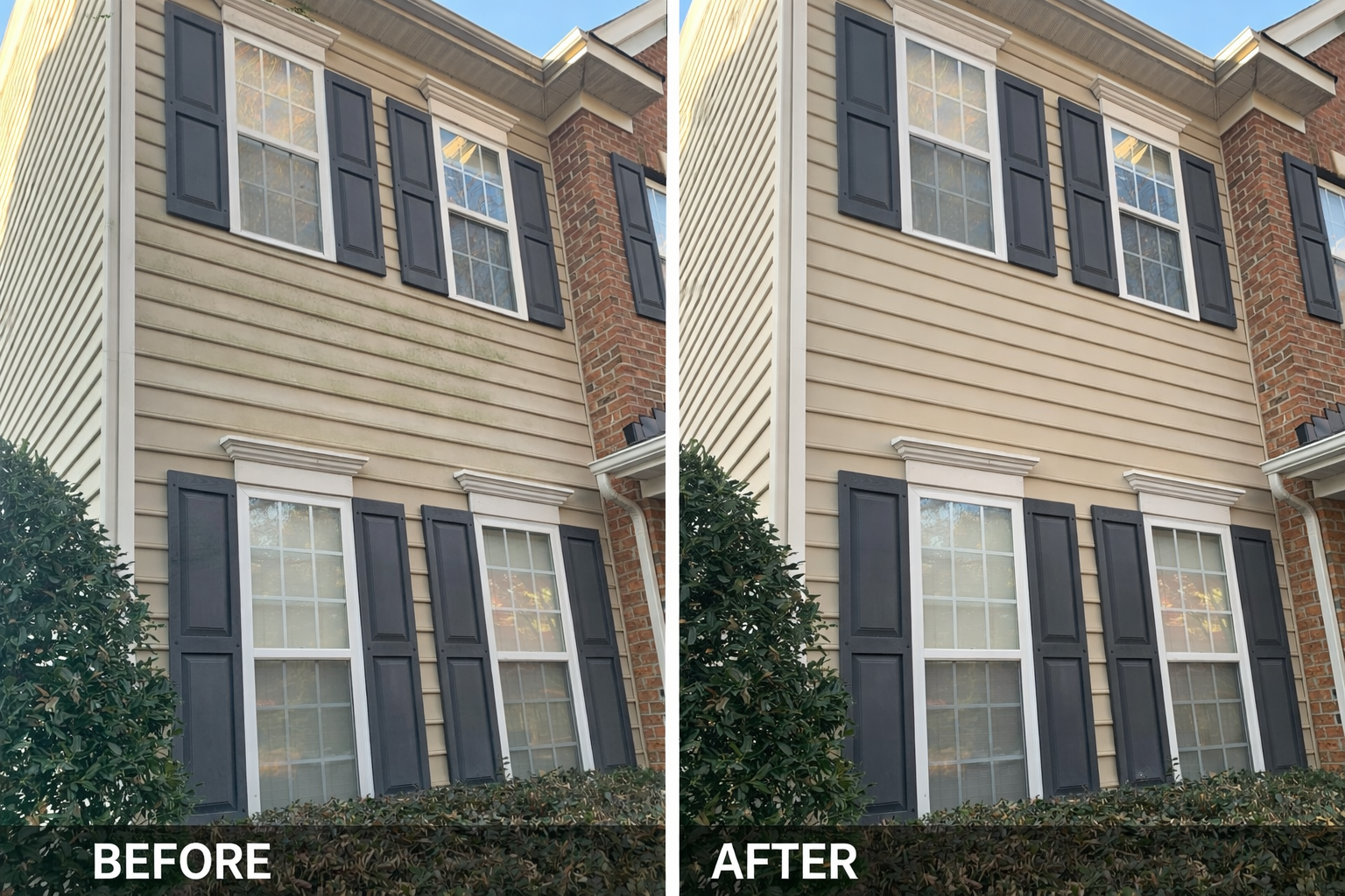 Soft wash house cleaning results showing algae-stained siding restored to a clean, bright finish.