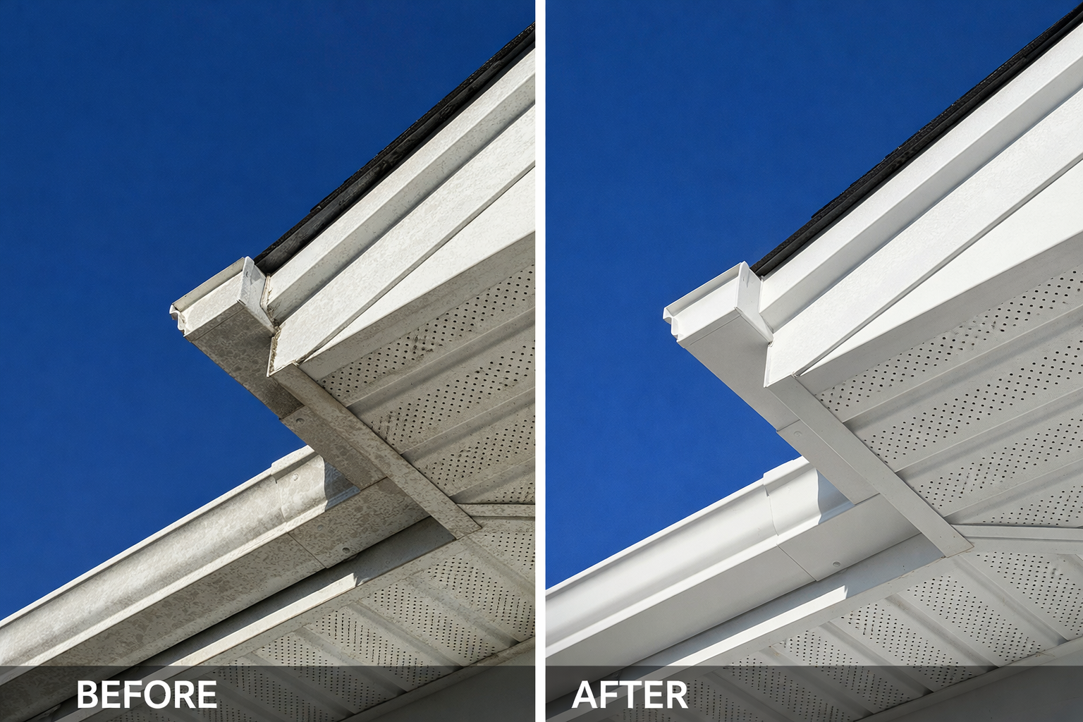 Before and after image of gutter cleaning removing black tiger stripes and oxidation stains from white gutters.