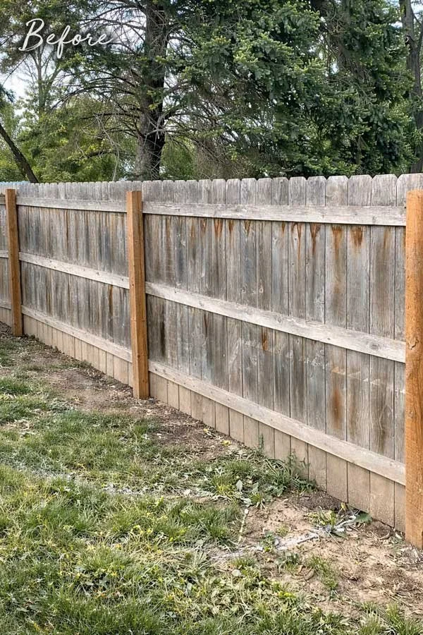 Before image of dirty wood fence with dark streaks.