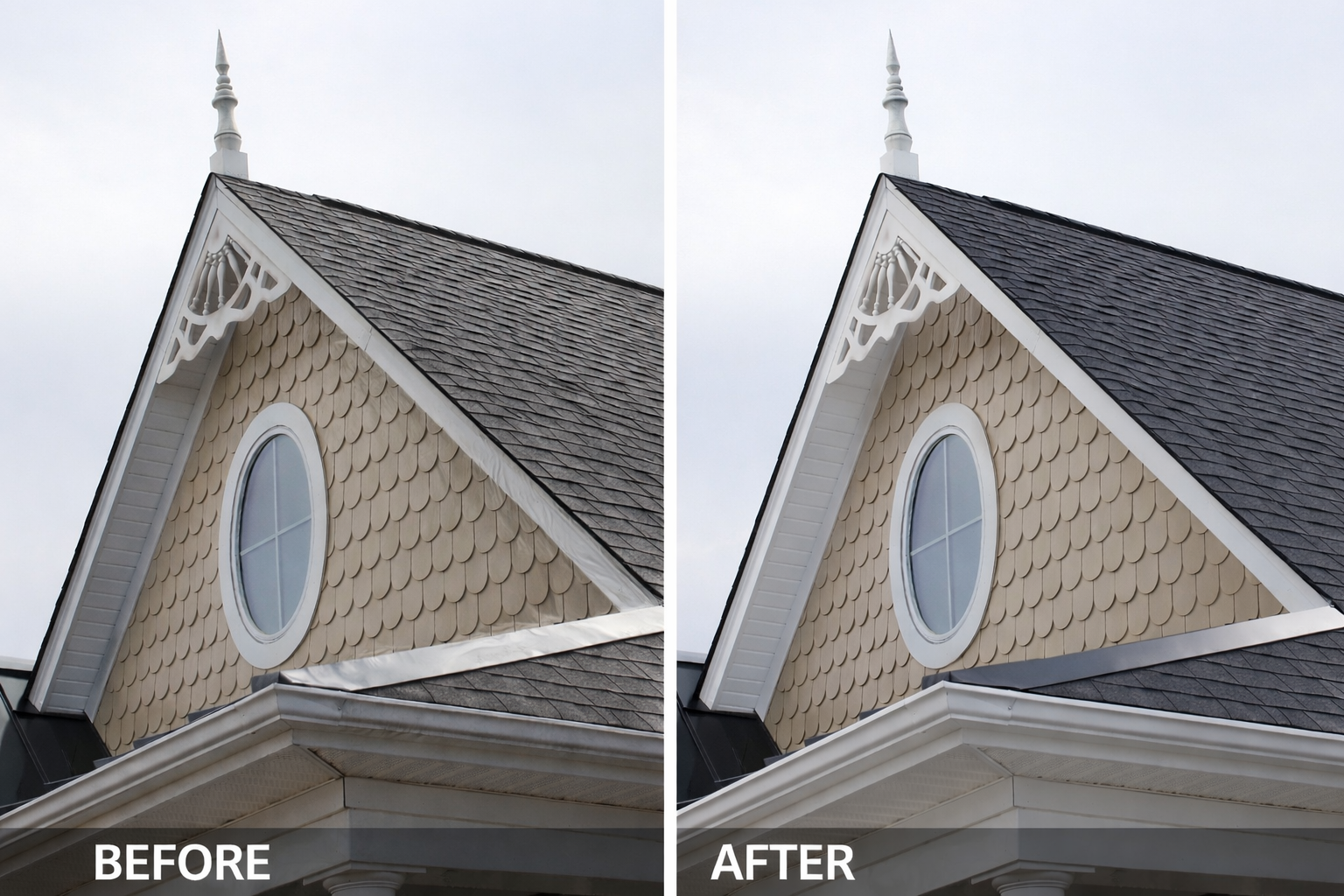 Before and after image of professional roof soft washing in Waxhaw, NC.
