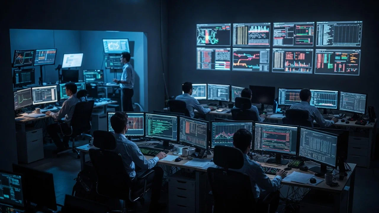 A dark room filled with multiple computer monitors displaying charts, graphs, and data, with several people working at desks