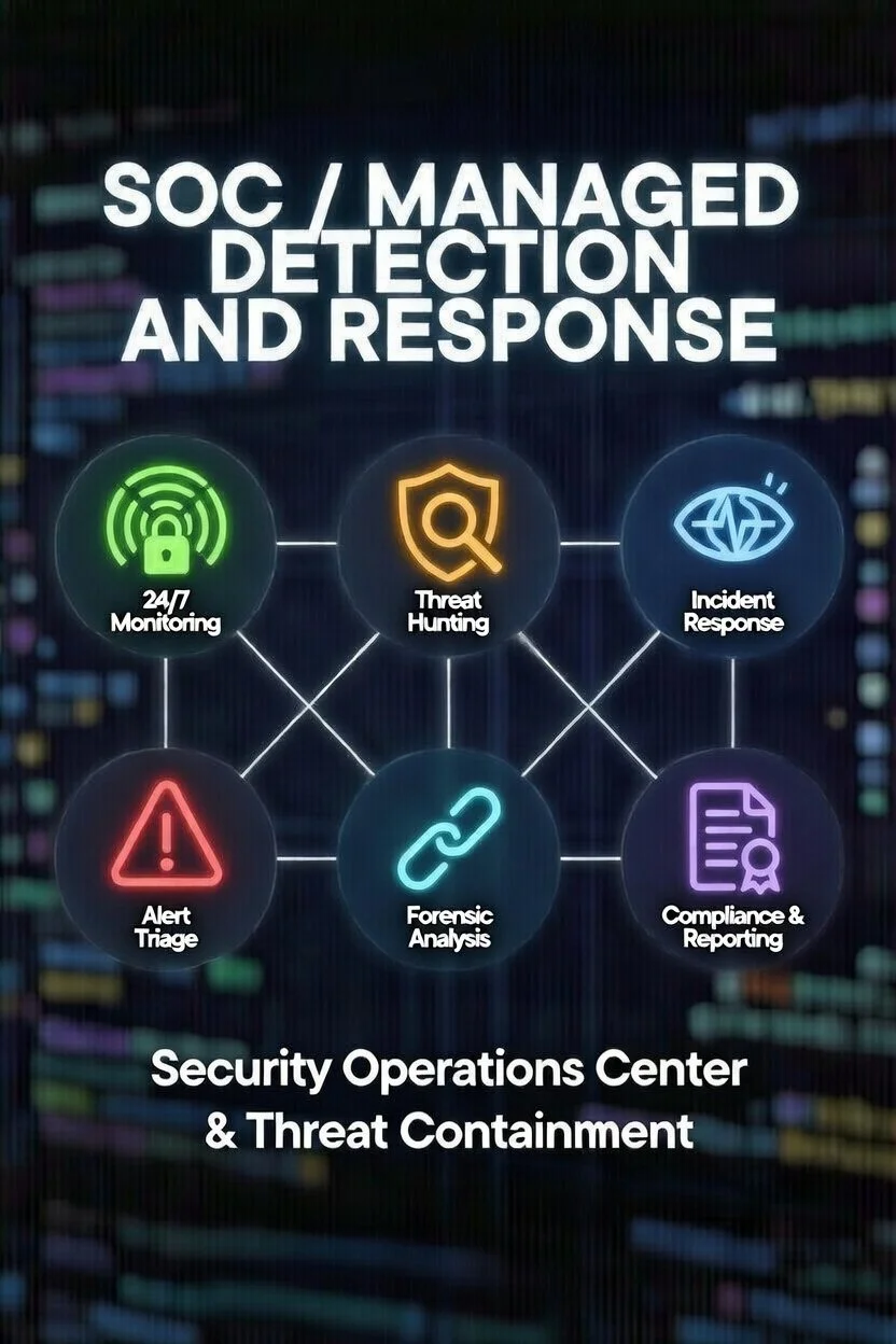 Diagram of Security Operations Center capabilities, including 24/7 Monitoring, Threat Hunting, Incident Response, Alert Triage, Forensic Analysis, and Compliance & Reporting.