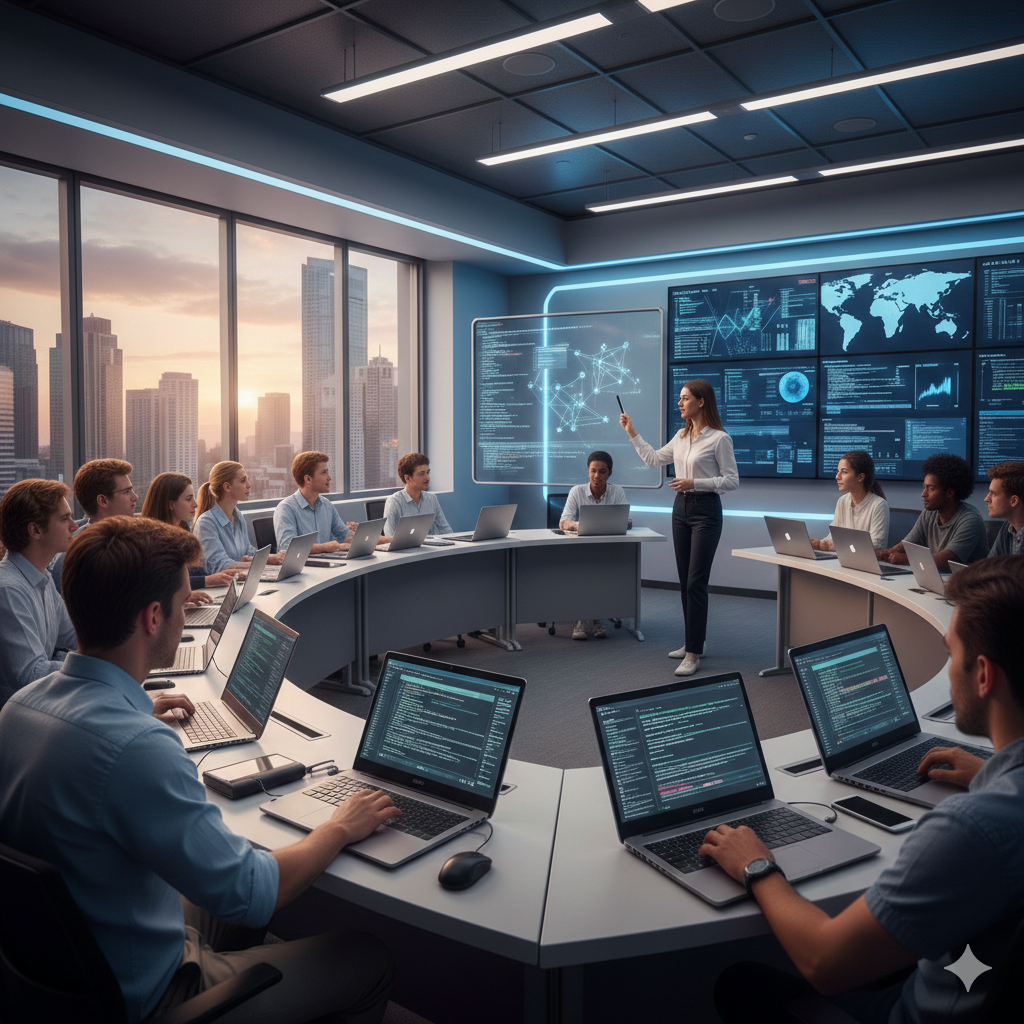 A businesswoman giving a presentation to a group of people in a high-tech conference room with large city windows, digital screens displaying data and world maps.