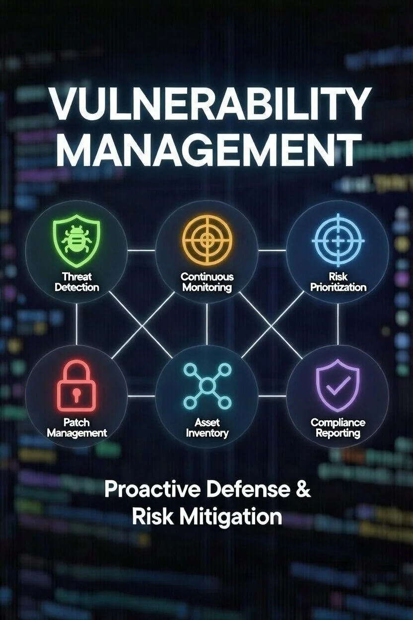 Graphic illustrating vulnerability management process with icons for threat detection, continuous monitoring, risk prioritization, patch management, asset inventory, and compliance reporting, emphasizing proactive defense and risk mitigation.