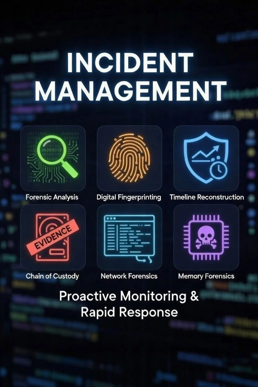 A digital infographic about incident management in cybersecurity, featuring icons for forensic analysis, digital fingerprinting, timeline reconstruction, chain of custody, network forensics, and memory forensics, with the tagline 'Proactive Monitoring & Rapid Response'.