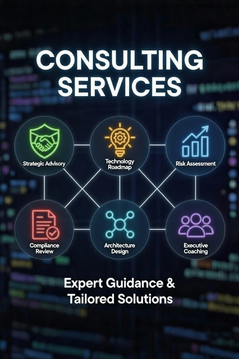 Digital infographic showing consulting services: Strategic Advisory, Technology Roadmap, Risk Assessment, Compliance Review, Architecture Design, Executive Coaching, with the tagline 'Expert Guidance & Tailored Solutions'.