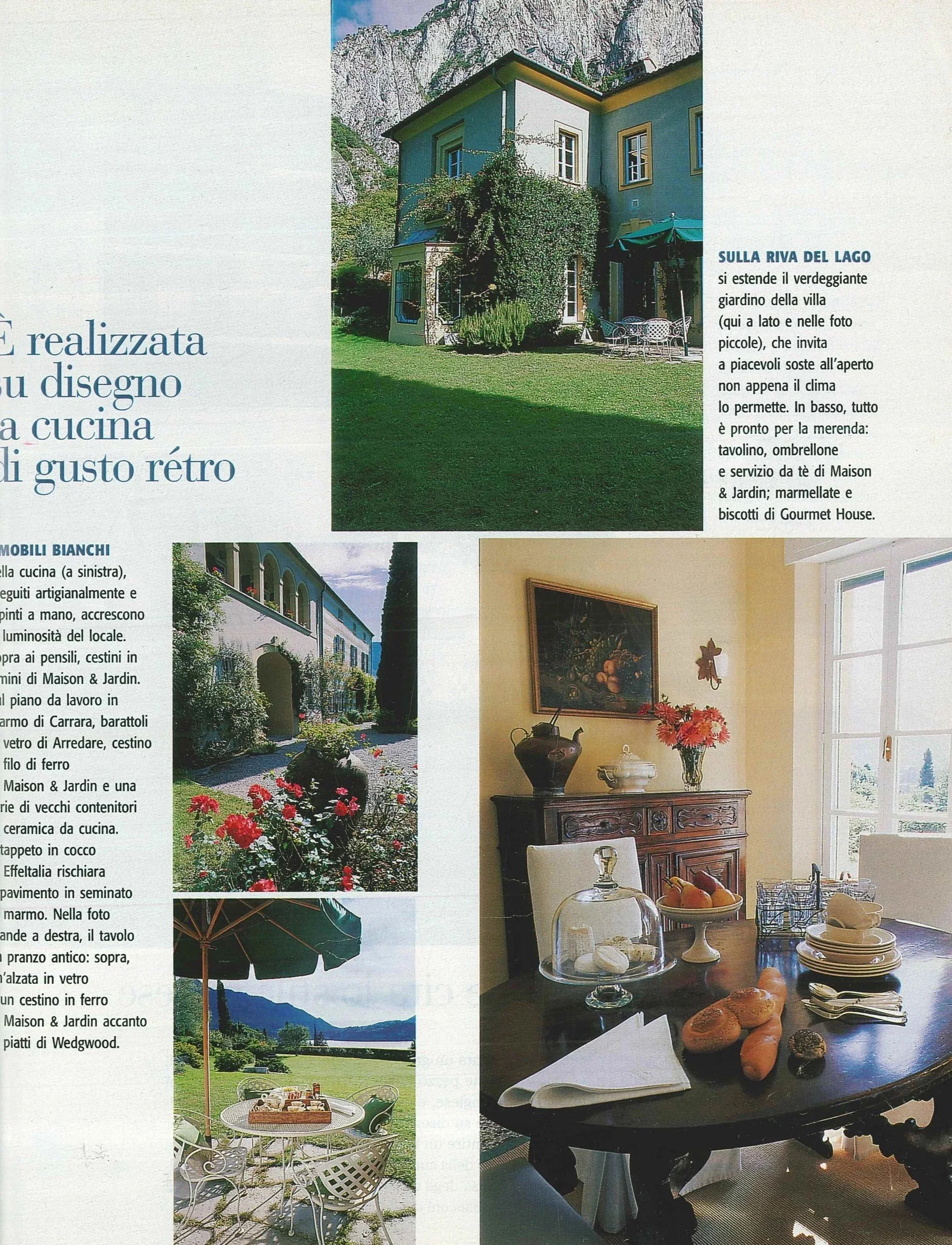 Foto di interni ed esterni di una villa con giardino e ambiente domestico, inclusa una sala da pranzo con tovaglioli, pane e frutta, e un'area all'aperto con tavolini e sedie con vista su un lago.