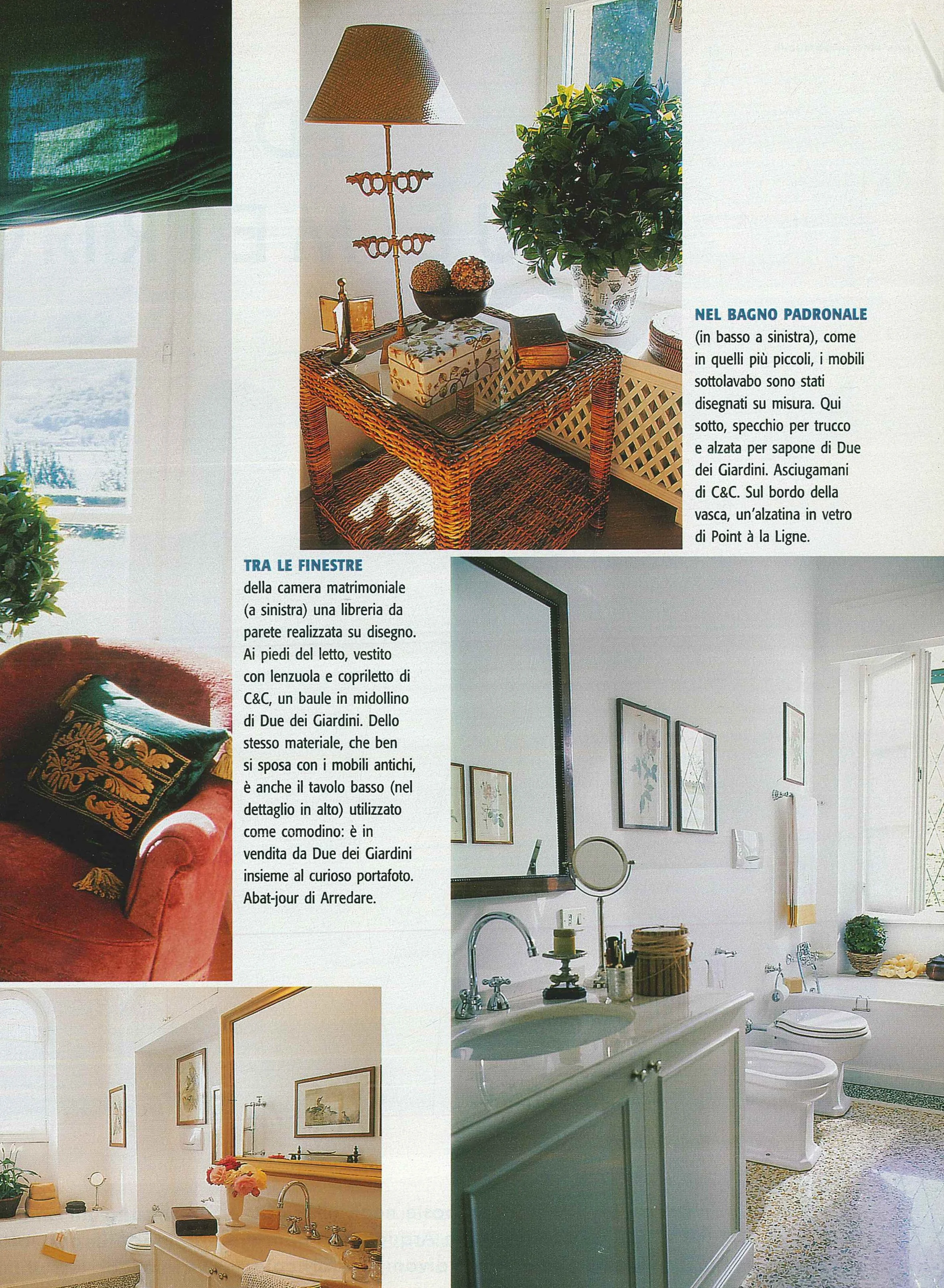 Immagini di interni di una casa, inclusi camera da letto, bagno e soggiorno con arredamento decorativo e piante.