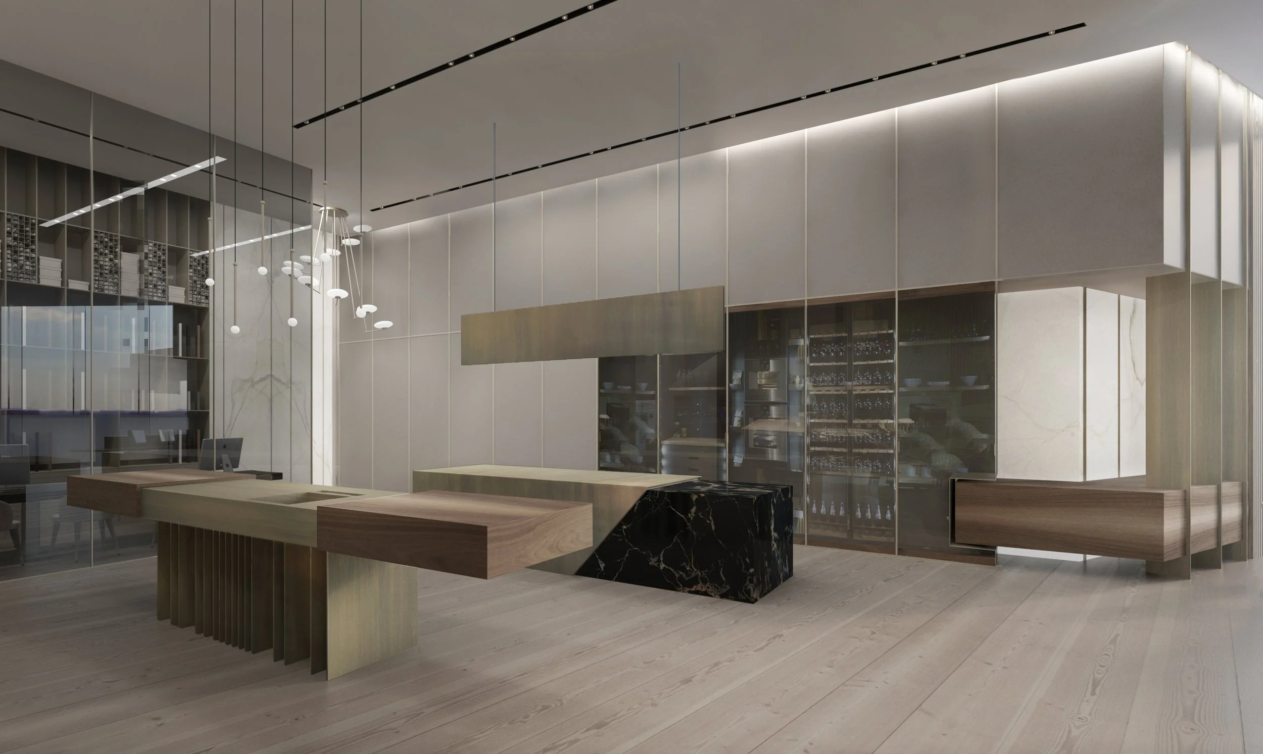 Interno di un bar elegante con bancone di marmo nero e mobili in legno, scaffali con bottiglie di vino e illuminazione moderna.