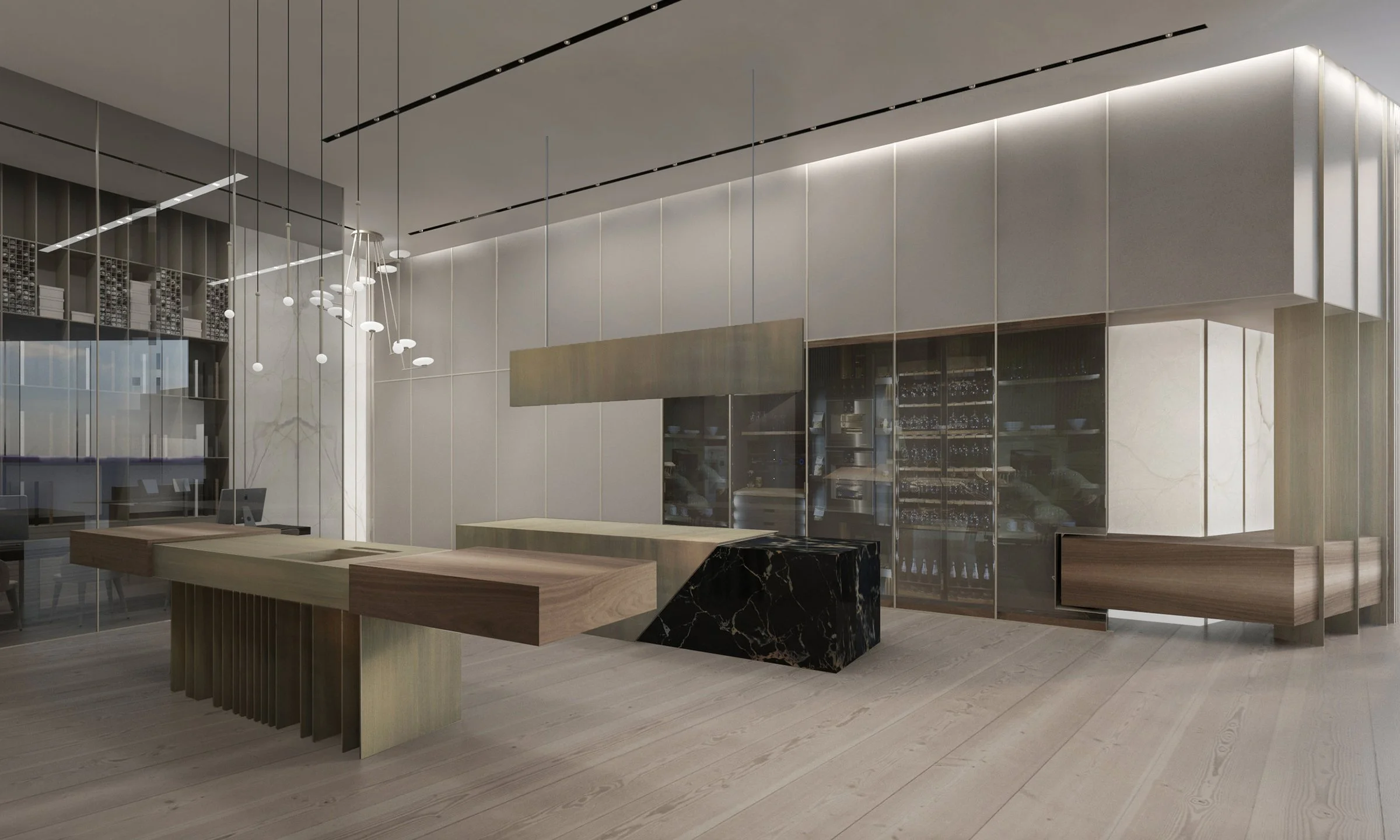 Interno di un negozio di vini con scaffali pieni di bottiglie e un grande bancone centrale in marmo nero