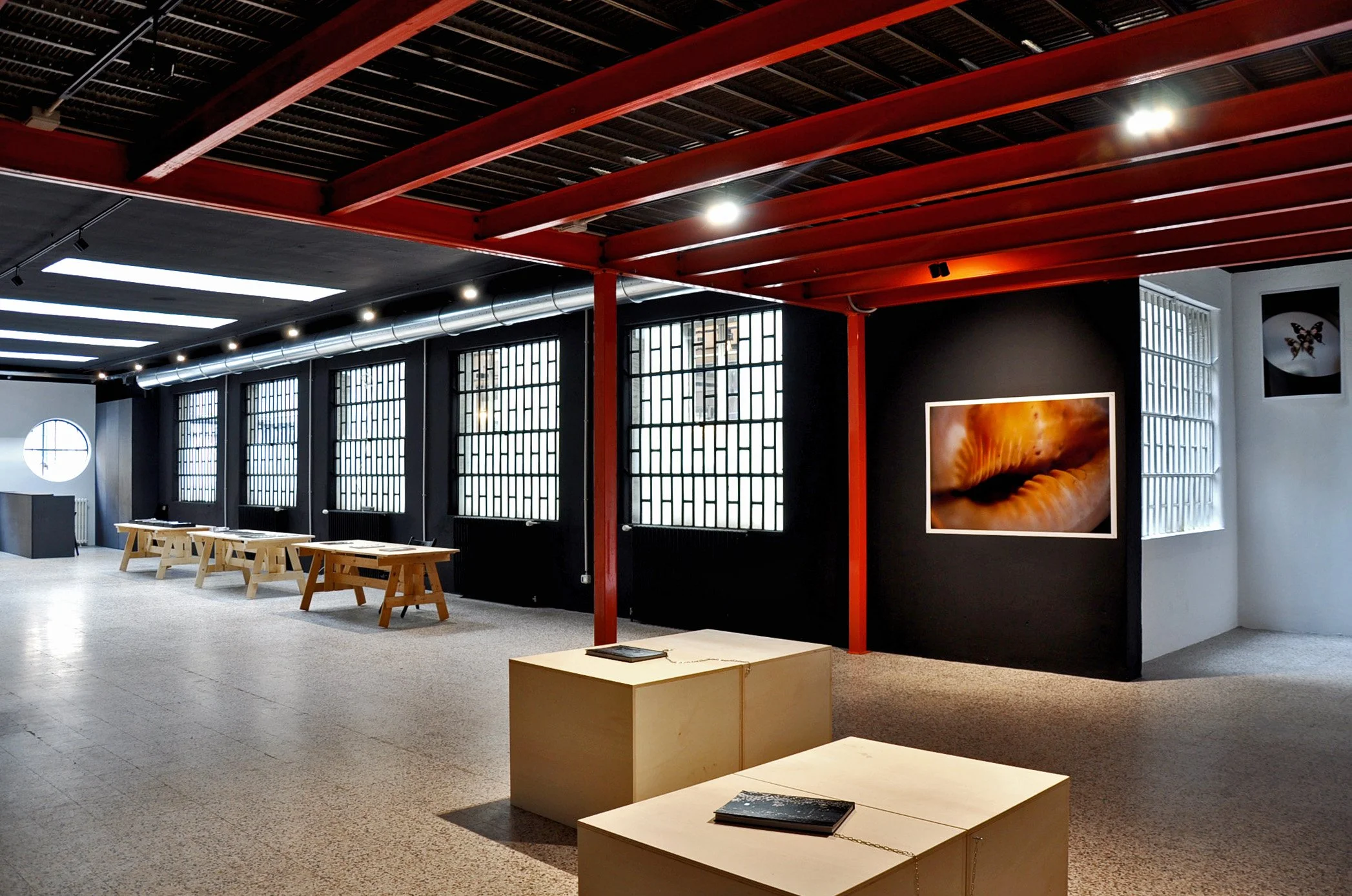 Interno di una galleria d'arte moderna con pareti nere, quadri e fotografie, tavoli di legno e luci soffuse.