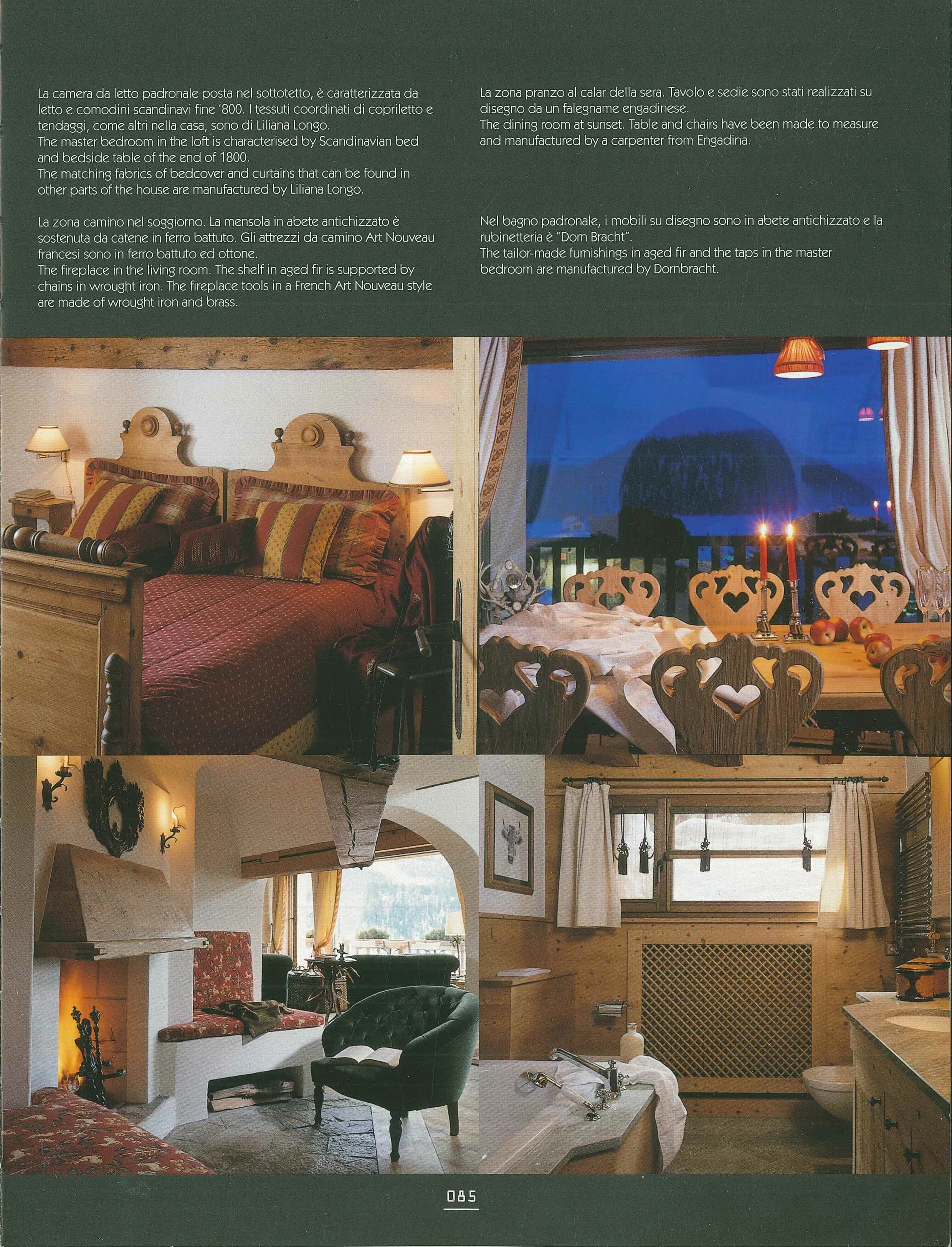 Interni di una casa in stile alpino con mobili in legno, camera da letto con testiera in legno, tavolo da pranzo con sedie art déco in legno, zona soggiorno con camino e poltrona, e bagno con lavabo e finestra con tende.