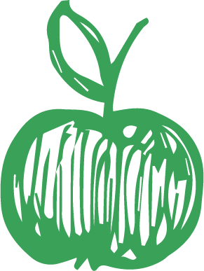 Stylized green drawing of a tomato with leaves.