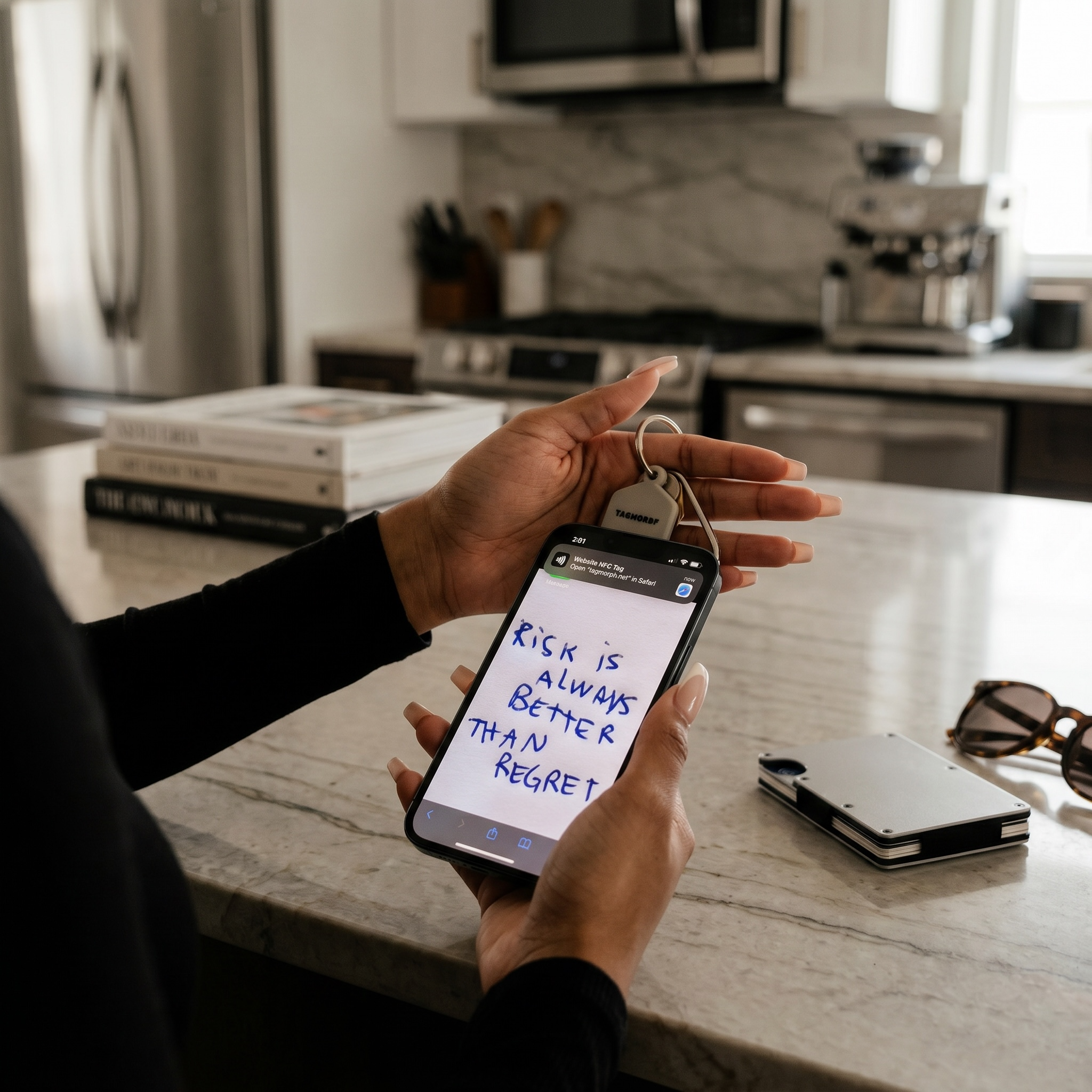 Person holding a smartphone with a handwritten note that says 'Risk is always better than regret' in a kitchen with books stacked on the counter and a hand pointing at the phone.