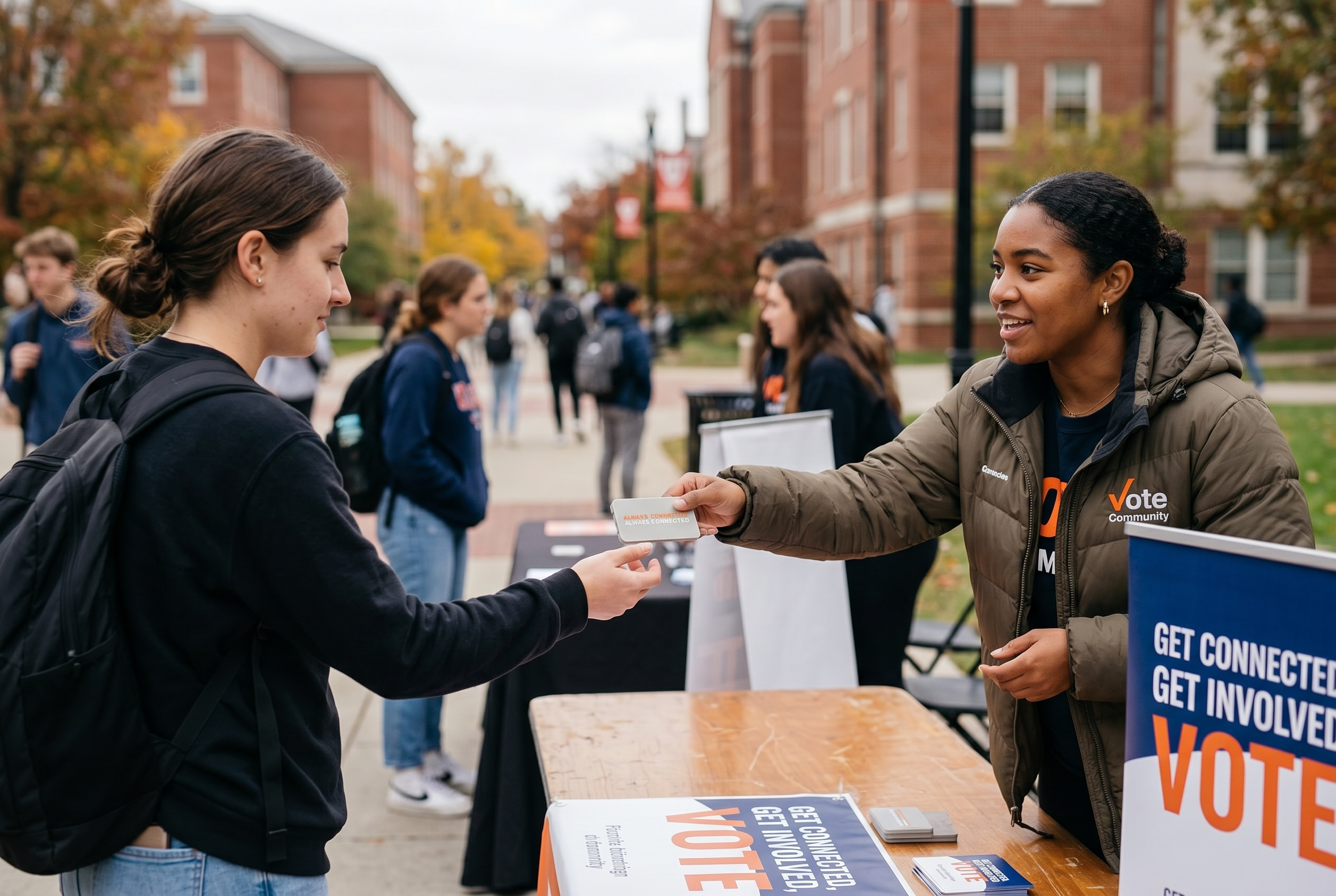 A young woman with a backpack receives a pamphlet from a woman at a community event held outdoors on a college campus in autumn. The woman giving the pamphlet is wearing a jacket with a 'Vote' sticker, and there are other people and informational tables in the background.
