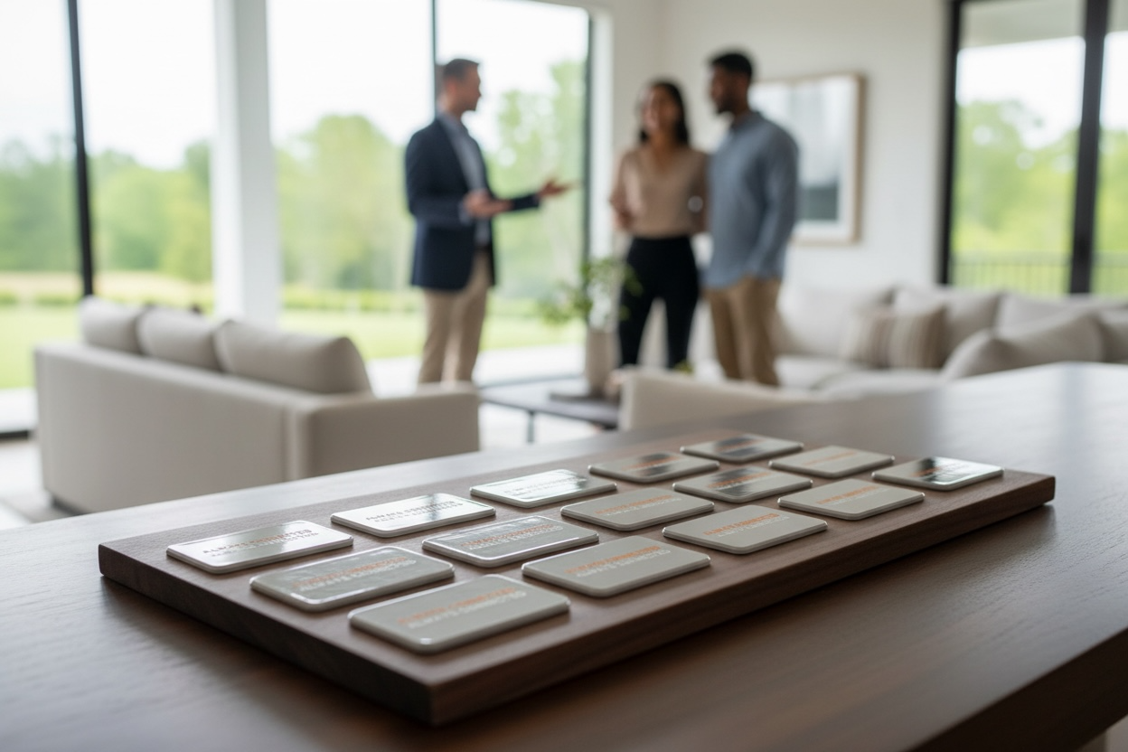 Close-up of a wooden board with multiple white cards placed on it, with a blurred background showing three people standing and talking in a modern, bright room with large windows and outdoor greenery