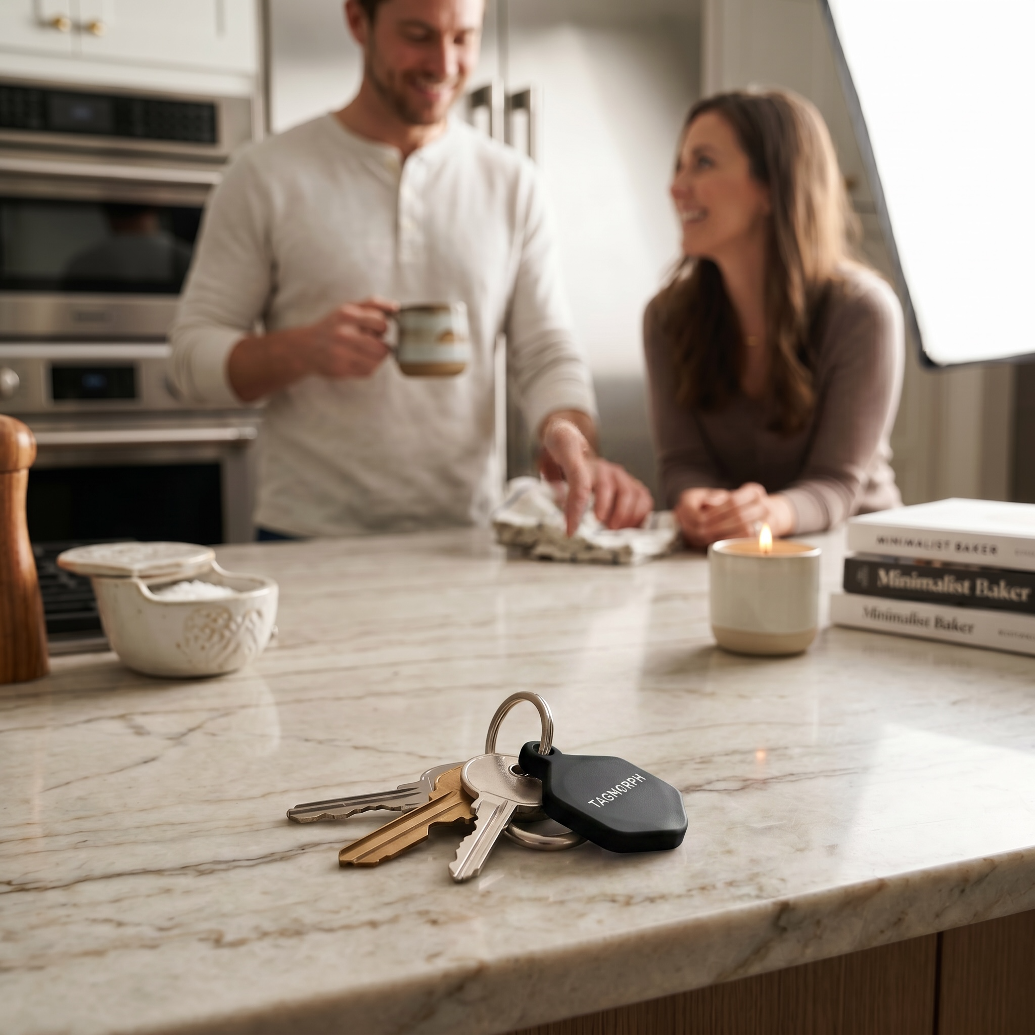 A kitchen scene with a man and woman smiling at each other. The man is holding a coffee mug, and the woman appears to be preparing food or baking. The foreground shows a set of keys on the marble countertop along with a small white container and a scented candle. The background includes kitchen appliances and sunlight streaming through a window.