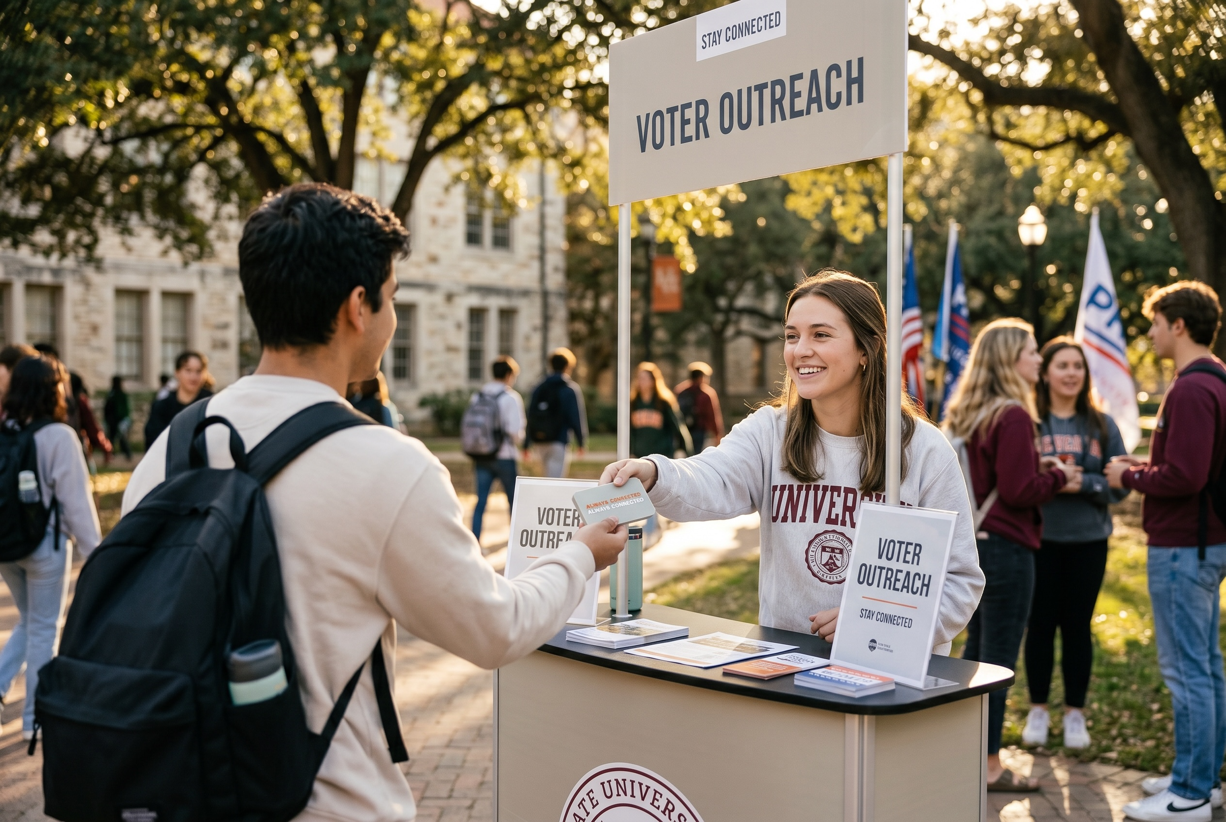 Young woman at voter outreach booth handing a pamphlet to a man with a backpack during the daytime on a university campus.