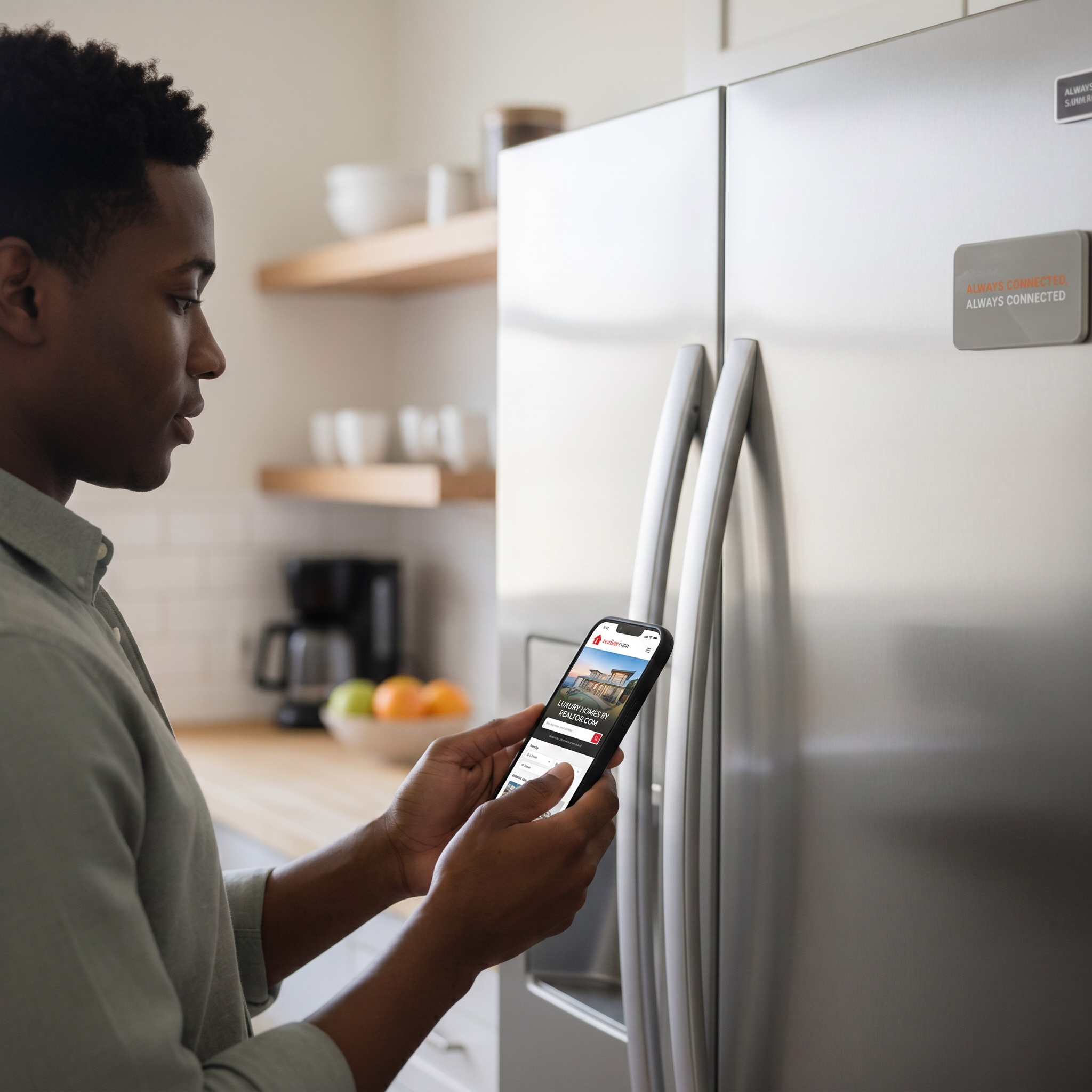 Person using a smartphone in front of a refrigerator with a sticker that reads 'Always connected'