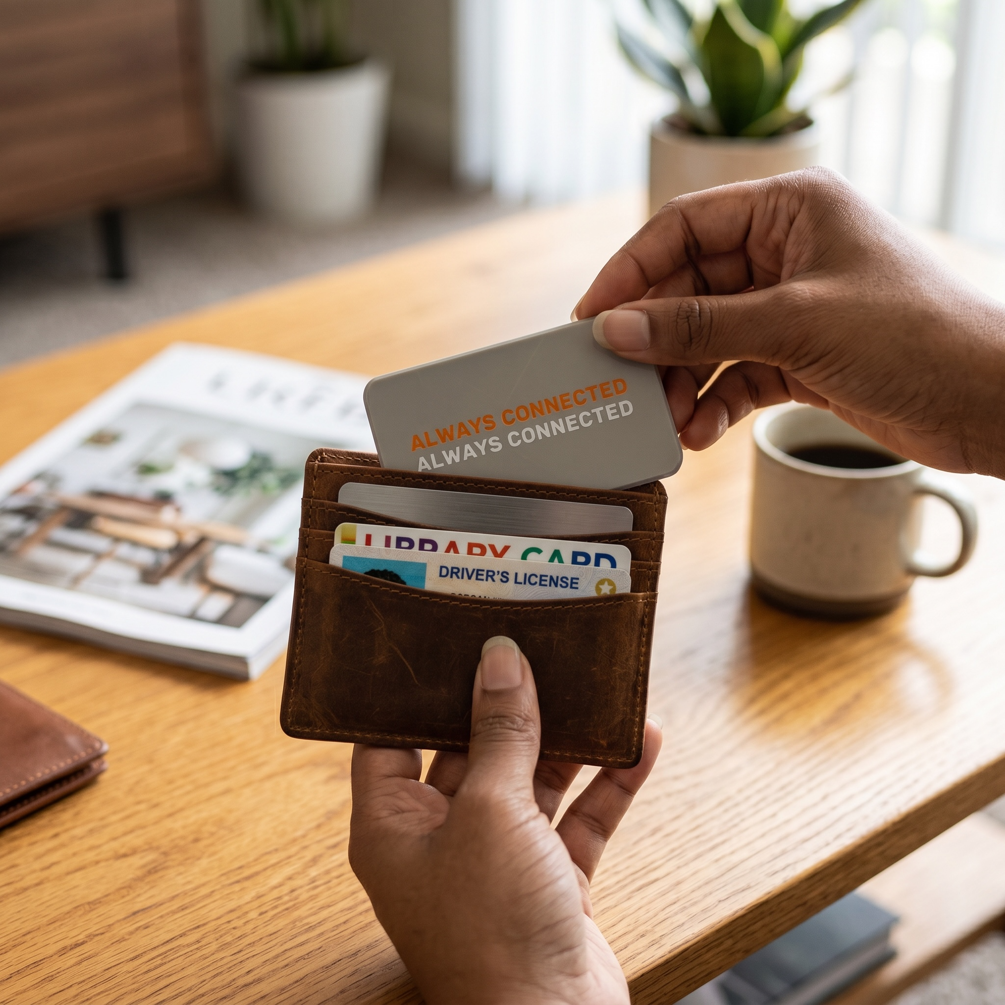 Close-up of a hand holding a small cardholder containing multiple cards, with the focus on the cardholder displaying a card with the words "ALWAYS CONNECTED" and a partially visible driver’s license, on a wooden table with blurred background of potted plants and printed documents.