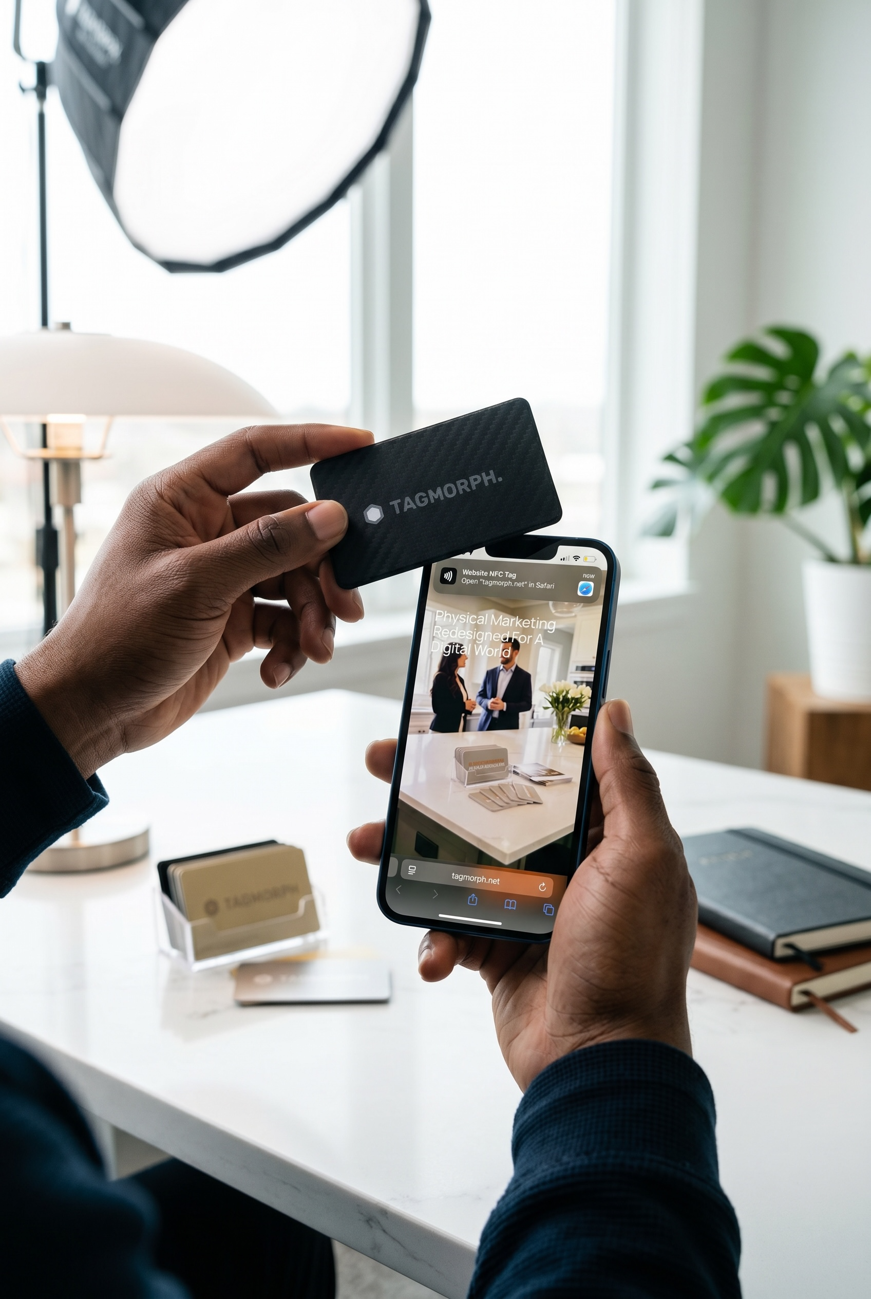 Person holding a black portable device with 'TAGMORPH' logo above smartphone displaying a website titled 'Physical Marketing Redesigned For A Digital World' with two business people in a meeting in the background.