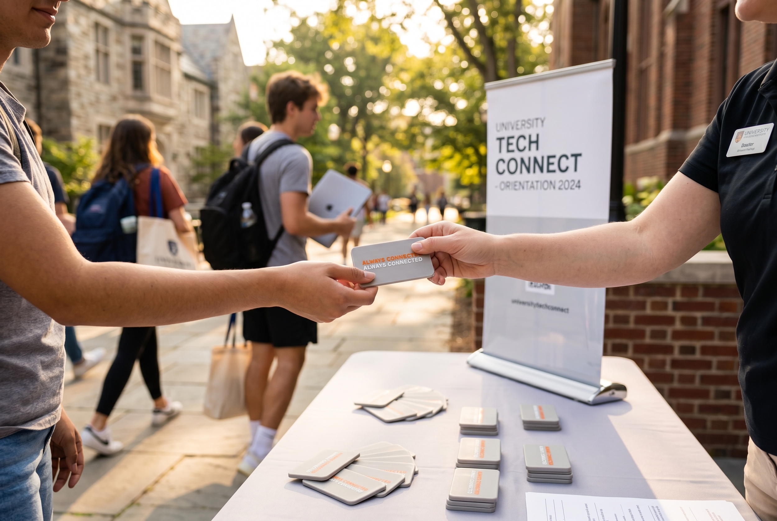 Two people exchanging a small item at a university orientation event, with a table of branded cards and a sign that reads 'University Tech Connect Orientation 2024' in the background.