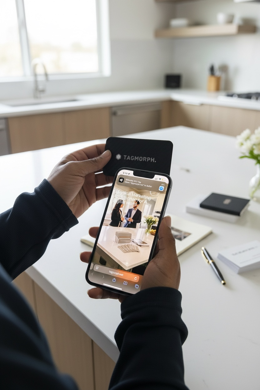 Person holding a smartphone and a transit card over a kitchen counter with books, a pen, and a vase of flowers.