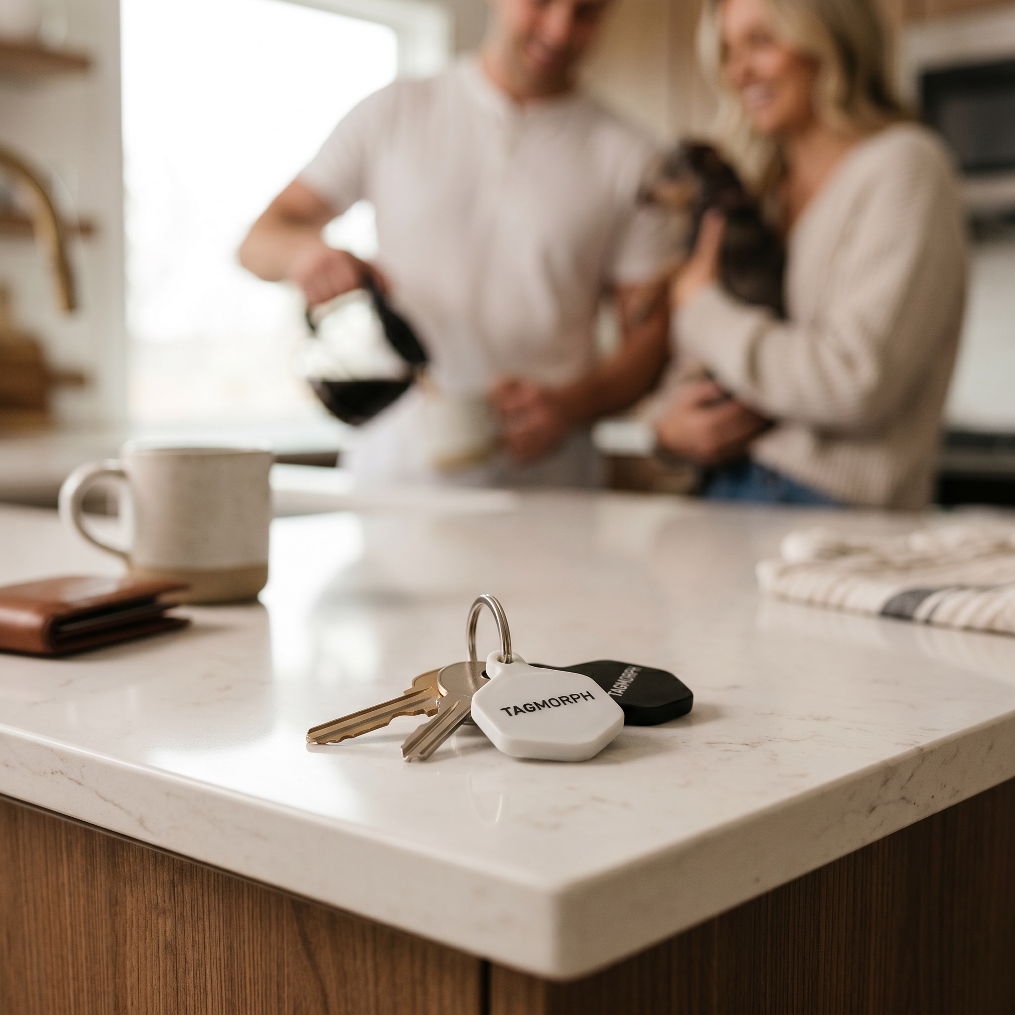 Keys labeled 'TAGMORPH' placed on a white kitchen countertop, with a coffee mug and a stack of notebooks nearby, and two people smiling and holding a cat in the background.